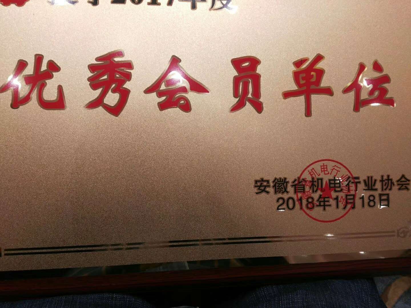 荣获2017年安徽机电协会优秀单位